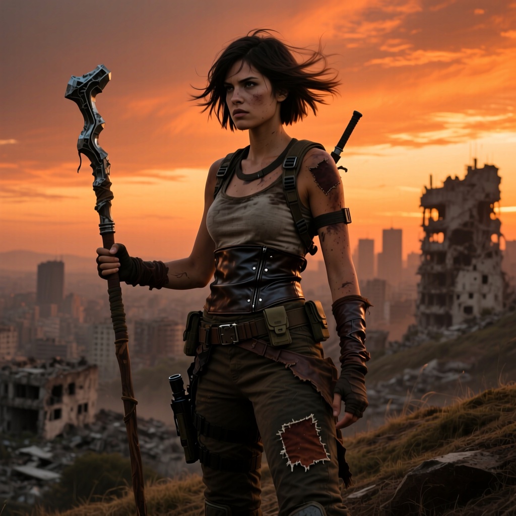 A resilient female survivor with wind-swept short hair and a determined gaze. She wears patched-up leather gear and tactical equipment, holding a modified staff. She stands on a hill overlooking the ruins of a city at dusk, against a dramatic orange sky. Cinematic, post-apocalyptic style, realism, atmospheric lighting, wide-angle shot.

