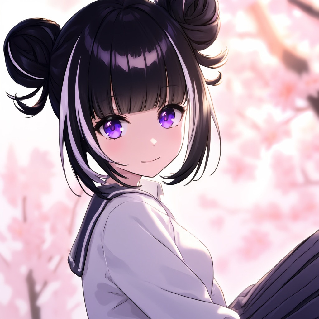 1 girl, solo, bangs, black hair, purple eyes, multicolored hair,
virtual youtuber, hair bun, streaked hair, double bun, school uniform, white shirt, pleated skirt,
gentle smile, looking at viewer, sitting, upper body, close‑up, soft lighting, depth of field,
cherry blossom background, warm lighting, best quality