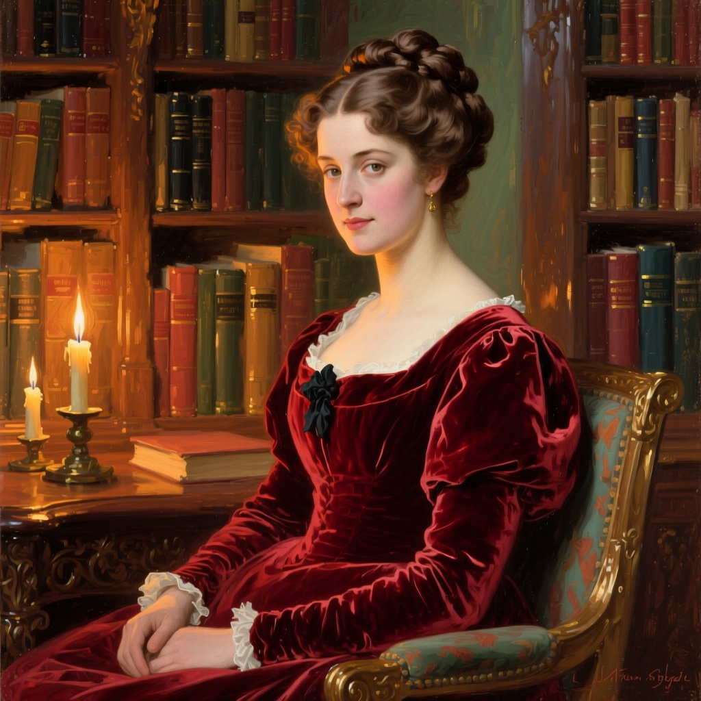 A Victorian noble lady with an elegant updo and a gentle gaze, wearing a deep red velvet dress, sitting in an ornate library. Warm candlelight illuminates her face and the surrounding bookshelves. In the style of John Singer Sargent, classic oil painting, expressive brushstrokes, masterpiece, rich textures.

