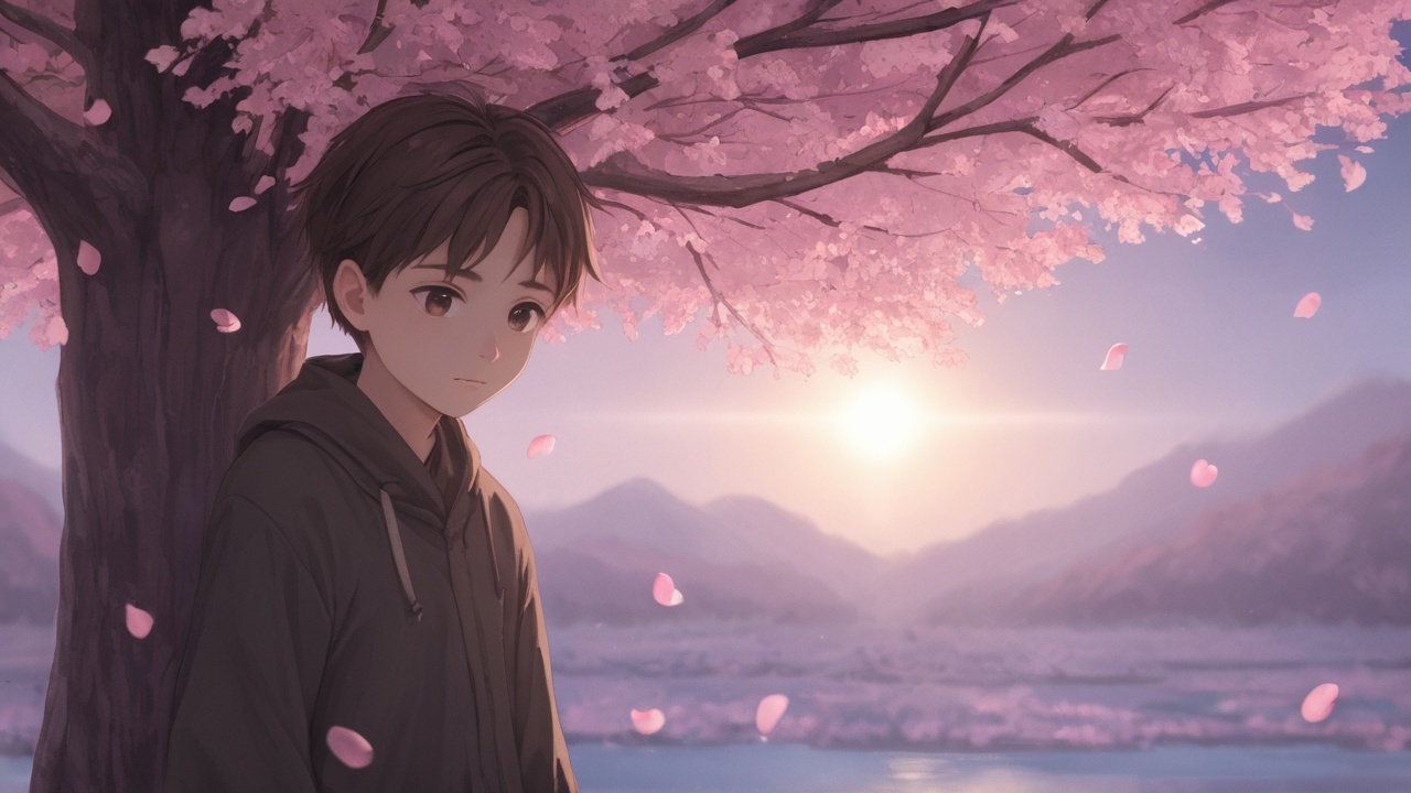 A young man with deep brown eyes and tousled hair, leaning against a cherry blossom tree, petals falling around him, warm pastel lighting, dreamy cinematic shot.