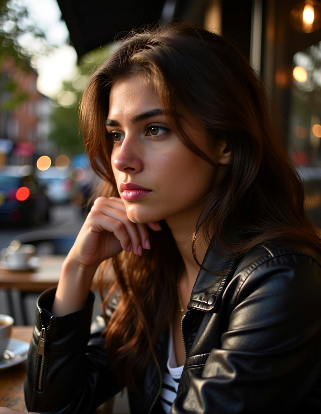 A stunningly hyper-realistic portrait of a pensive young woman, sitting by a cafe window during golden hour. Soft, warm light illuminates half of her face, strong shadows, intricate details of her flowing hair, shallow depth of field (bokeh background), shot on 85mm f/1.4 lens, cinematic atmosphere, film grain.