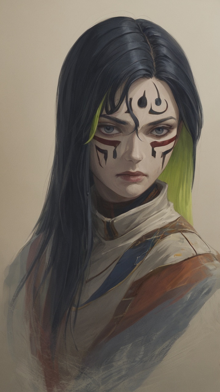 A woman with brightly colored hair and geometric face paint, wearing avant-garde layered clothing, dramatic shadows, standing in an abstract art gallery, high-contrast, visually striking portrait.