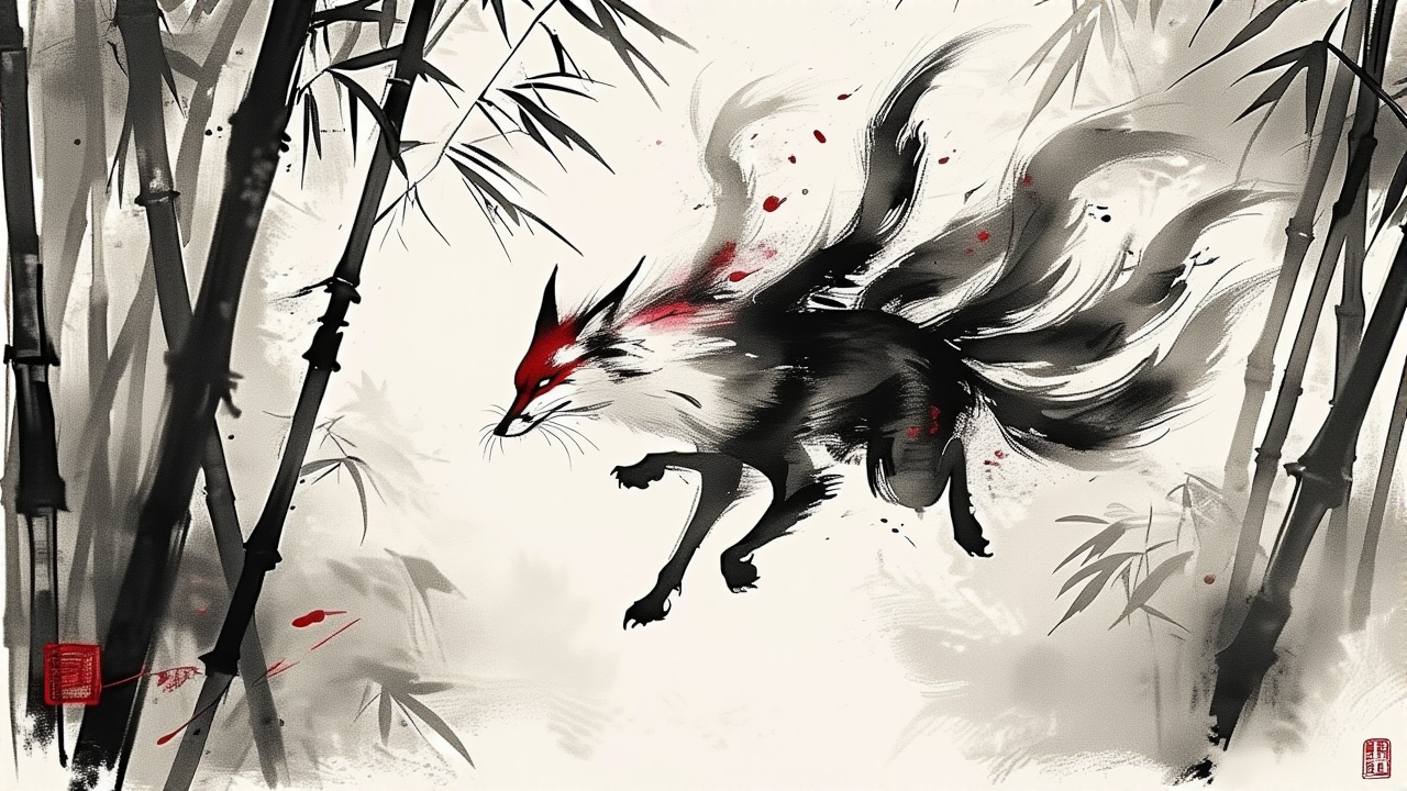 An agile kitsune (fox spirit) warrior with nine tails, leaping through a bamboo forest. The movement is captured with fluid, expressive sumi-e (Japanese ink wash painting) brushstrokes. Minimalist color palette, mostly black and white with a splash of crimson red. Style of Vagabond (Takehiko Inoue) combined with Okami game art.









