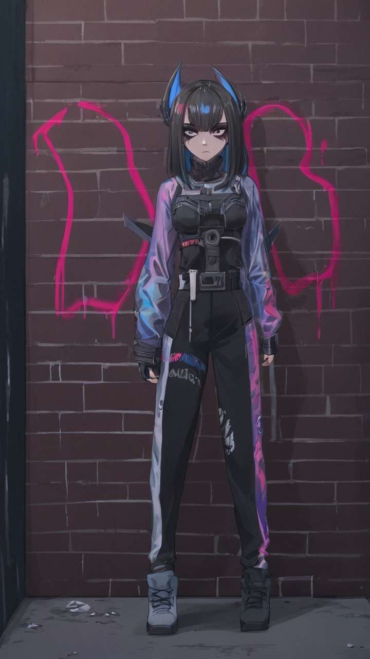 A mysterious woman with neon-colored streaks in her hair, dramatic eyeliner, wearing layered avant-garde clothes, standing in a dark alley with abstract graffiti, high-contrast, visually striking portrait.