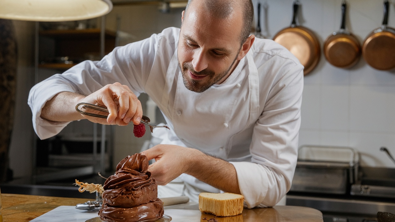 An artistic, cover-worthy photograph for a culinary magazine like 'Le Chef', masterpiece, (photorealistic:1.3), ultra-detailed. A 45-year-old male French pâtissier, the quintessential perfectionist with an intensely focused gaze, a faint dusting of cocoa powder on one eyebrow. He wears a starched, crisp white chef's uniform and a pristine apron, complete with a tall toque blanche. He stands at his immaculate stainless steel pastry station, a marble slab for chocolate work gleaming beside him. Holding his breath, he uses a pair of delicate tweezers to place a single, perfect, dew-kissed raspberry atop an elaborate dessert sculpture of chocolate mousse, mirror glaze, and hair-thin spun sugar. His rock-steady hands are a stark contrast to the dessert's fragile beauty. A focused, warm, golden light from the overhead heat lamp illuminates the pass, making the dessert look irresistible and catching a single, tiny bead of sweat on the chef's temple. The background is a softly blurred high-end kitchen with hanging copper pots.
