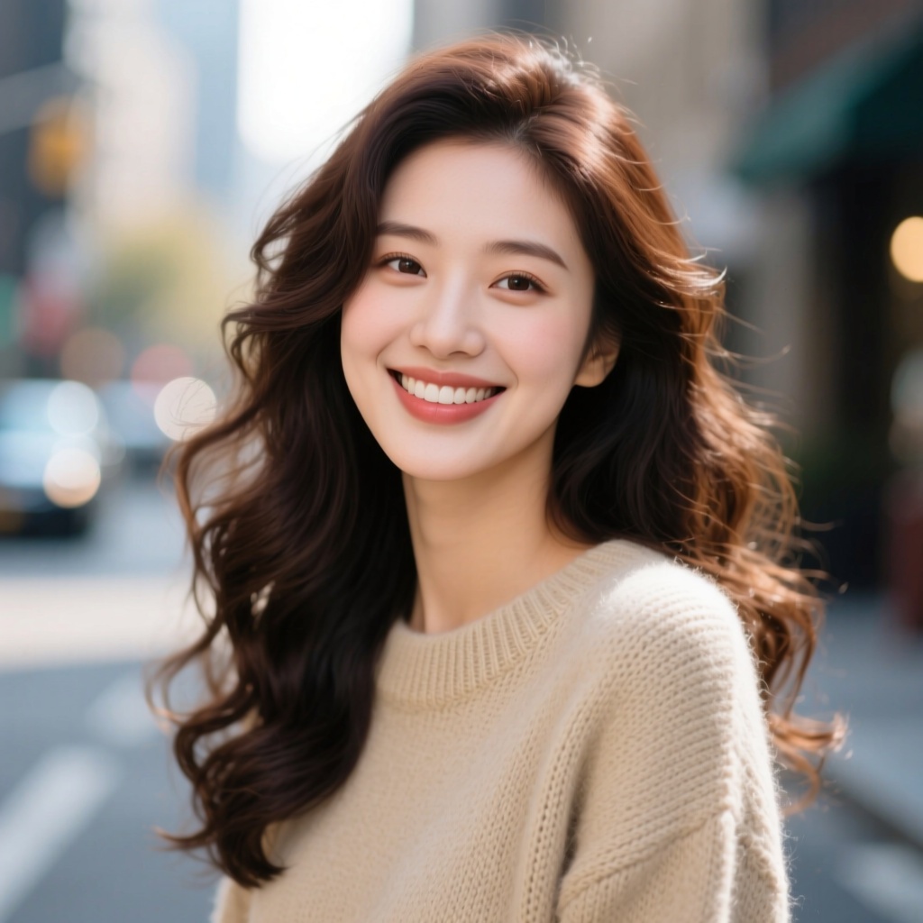 A close-up portrait of a stylish woman with wavy, dark brown long hair and a warm smile, wearing a beige cashmere sweater. The background is a blurred city street with a soft bokeh effect. Natural afternoon light, cinematic, photorealistic, high detail, 8K.

