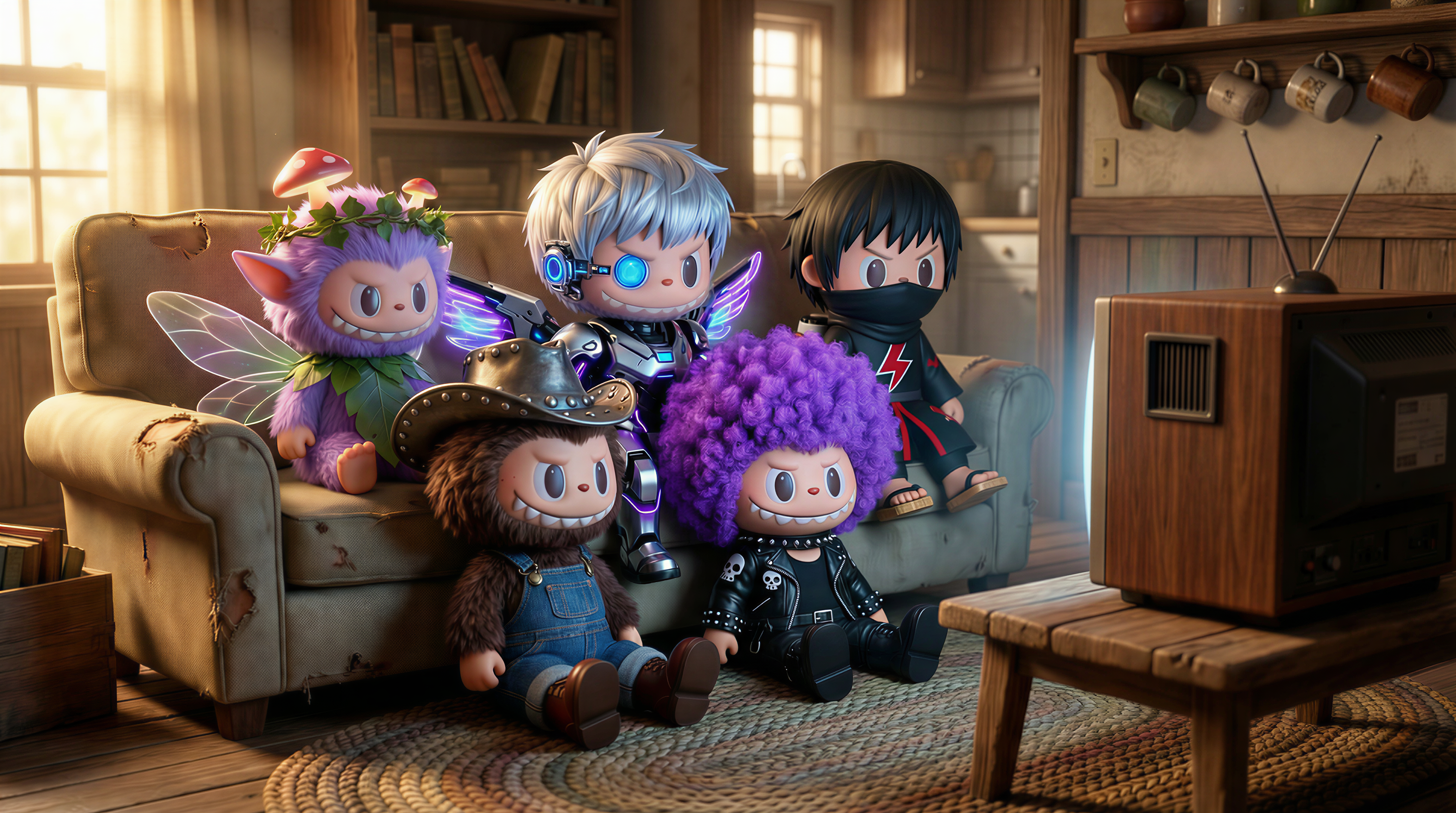 A medium shot of the 5 characters sitting squeezed together side-by-side on a worn beige fabric sofa and on the floor. They are all facing forwards, watching a vintage, wooden-boxed television set placed on a low wooden table in front of the sofa. The room is dimly lit, with warm light from a window on the left and the glow from the TV illuminating the creatures' faces and fluffy textures. The background is a cozy, slightly cluttered living room with a braided rug, a bookshelf with old books, and rustic kitchen elements in the background. The overall atmosphere is warm, cozy, and amused.