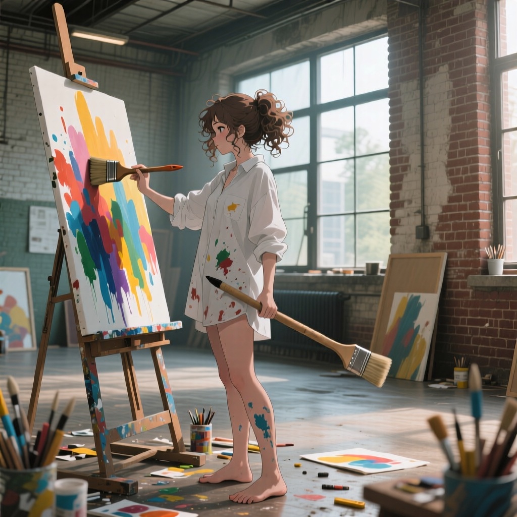 real life anime, a woman with curly hair tied loosely, wearing a paint-stained oversized white shirt, barefoot, standing in a spacious industrial loft with large windows and exposed brick walls. She’s holding a large brush, working on a colorful abstract canvas. Natural light pouring in, art supplies scattered around, expressive, richly detailed scene.