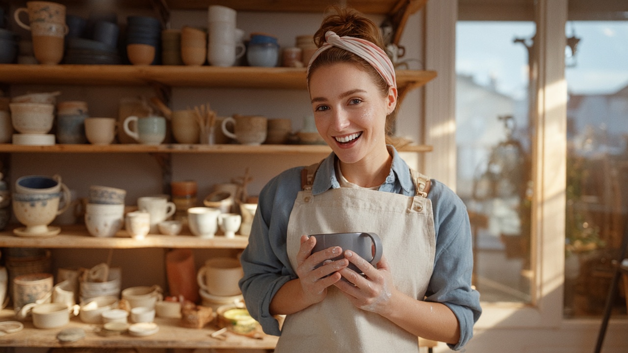 An authentic and joyful commercial lifestyle photograph for an artisan brand, masterpiece, (photorealistic:1.3), warm and inviting, ultra-detailed, 8K. A charming female potter in her early 30s, her hair tied in a messy bun with a headband, a single, endearing smudge of dry clay on her cheek. Her smile is genuine and infectious. She wears a practical canvas apron over a comfortable linen shirt. She stands proudly in her beautiful, sun-drenched pottery studio. The shelves behind her are artfully arranged with her own handcrafted ceramics – mugs, bowls, and vases in earthy tones. Warm, golden hour sunlight streams through a large window, creating a beautiful atmospheric haze and making dust particles sparkle in the air. She is holding her favorite, newly-fired mug in both hands, presenting it to the camera like a treasure, her expression radiating the pure joy of creation and inviting the viewer to share in her passion.
