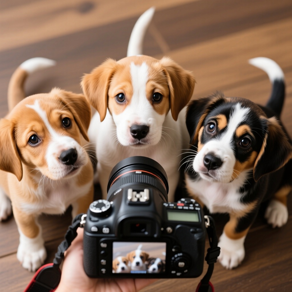 Real style, three different looking puppies have a camera in front of them and the puppies look at it curiously. Elevated view