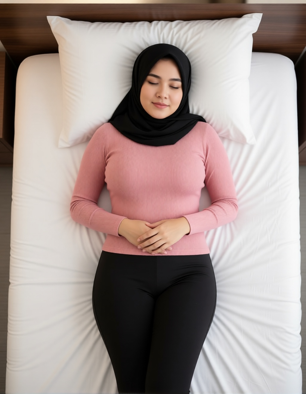 She sleep on bed without blanket, she has slim body and big breast, shot from top, capture her entire body