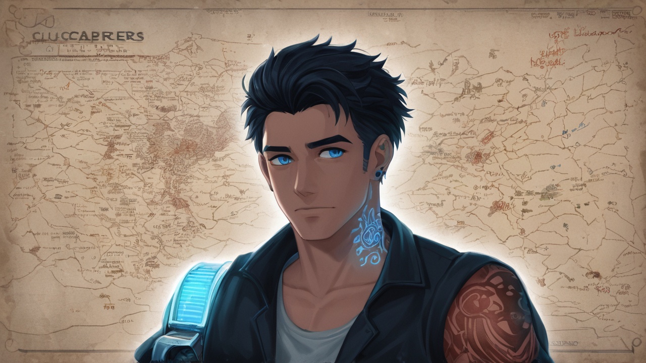 A man with cybernetic arm and glowing tattoos, holding a levitating holographic map, neon skyscrapers behind him, night rain reflections, high-detail cinematic portrait.