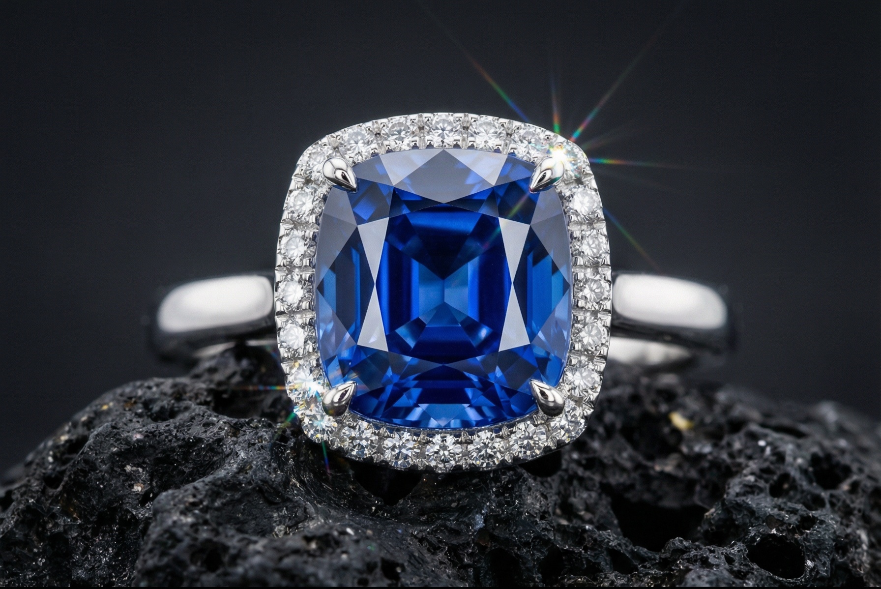 Commercial macro photography of a luxury jewelry piece. A platinum engagement ring with a massive, flawless cushion-cut blue sapphire surrounded by a halo of tiny diamonds. The ring is resting on a piece of jagged, black volcanic rock, creating a texture contrast between the smooth metal and rough stone. Sharp focus on the facets of the sapphire. Realistic light caustics and spectrum dispersion (rainbow sparkles) visible. Studio lighting with softbox reflections on the metal. 8k resolution, highly detailed, elegant atmosphere.