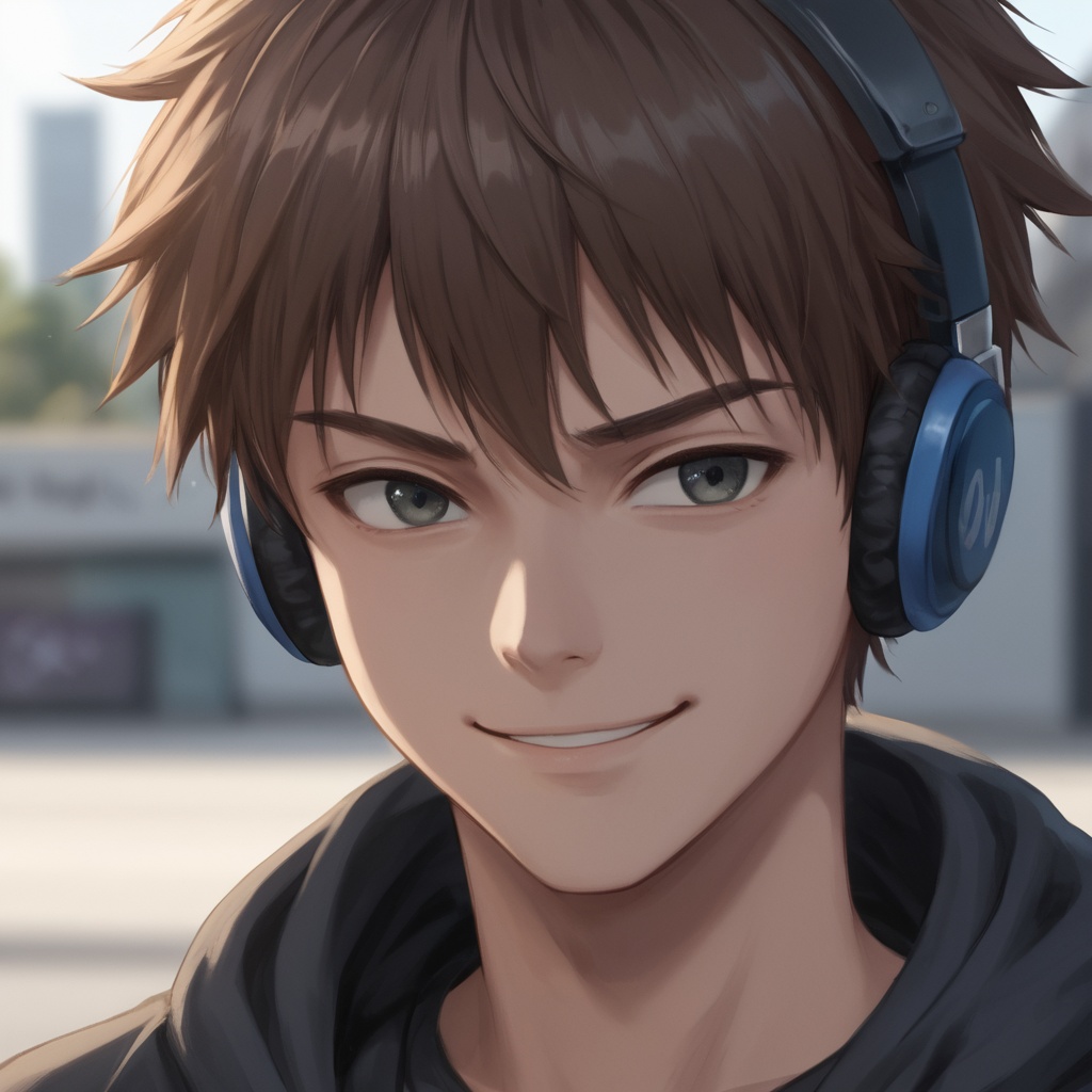 Close-up of a teenage boy with modern haircut, wearing headphones, smirking at the camera, urban graffiti blurred in the background, dramatic soft lighting, youthful and edgy vibe.