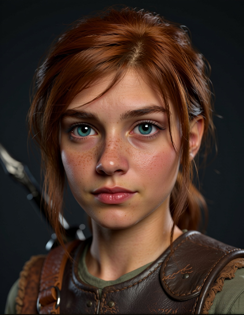A highly detailed 3D character render, stylized realism. A young female adventurer with large, expressive teal eyes and freckles. Messy copper hair. Wearing worn leather armor. Soft, flattering studio lighting. Flawless skin shading (subsurface scattering). Trending on Artstation, Unreal Engine 5, ZBrush, Pixar style.