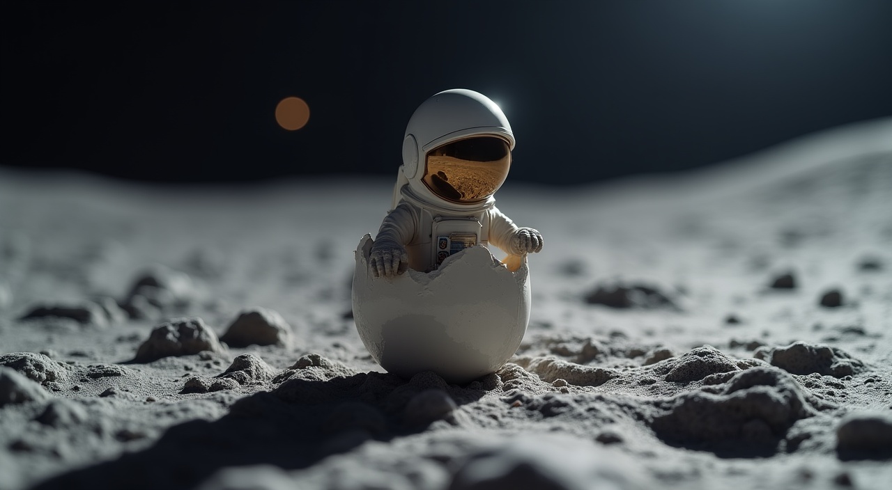 a tiny astronaut hatching from an egg on the moon
