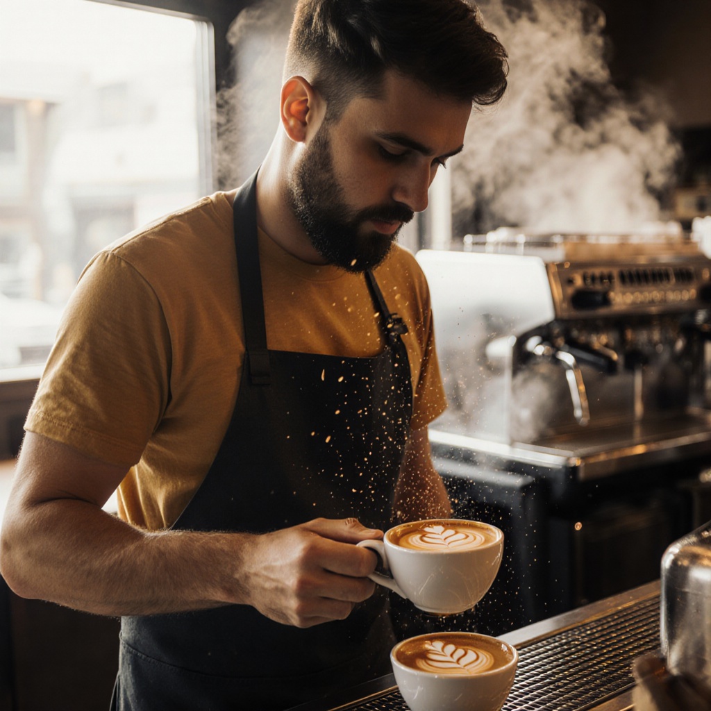 A barista behind the counter pouring latte art in a quiet café, wearing a dark apron over a mustard t-shirt. The espresso machine steams in the background, and sunlight catches the floating dust particles in the warm, cozy space.