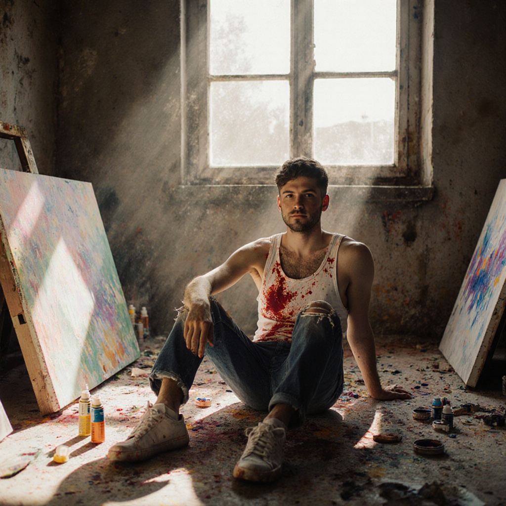 A man in his 20s sitting on a messy art studio floor, surrounded by unfinished canvases and paint tubes. He wears a white tank top stained with color, and ripped jeans. Sunlight pours through a dusty window, casting shadows across the floor.