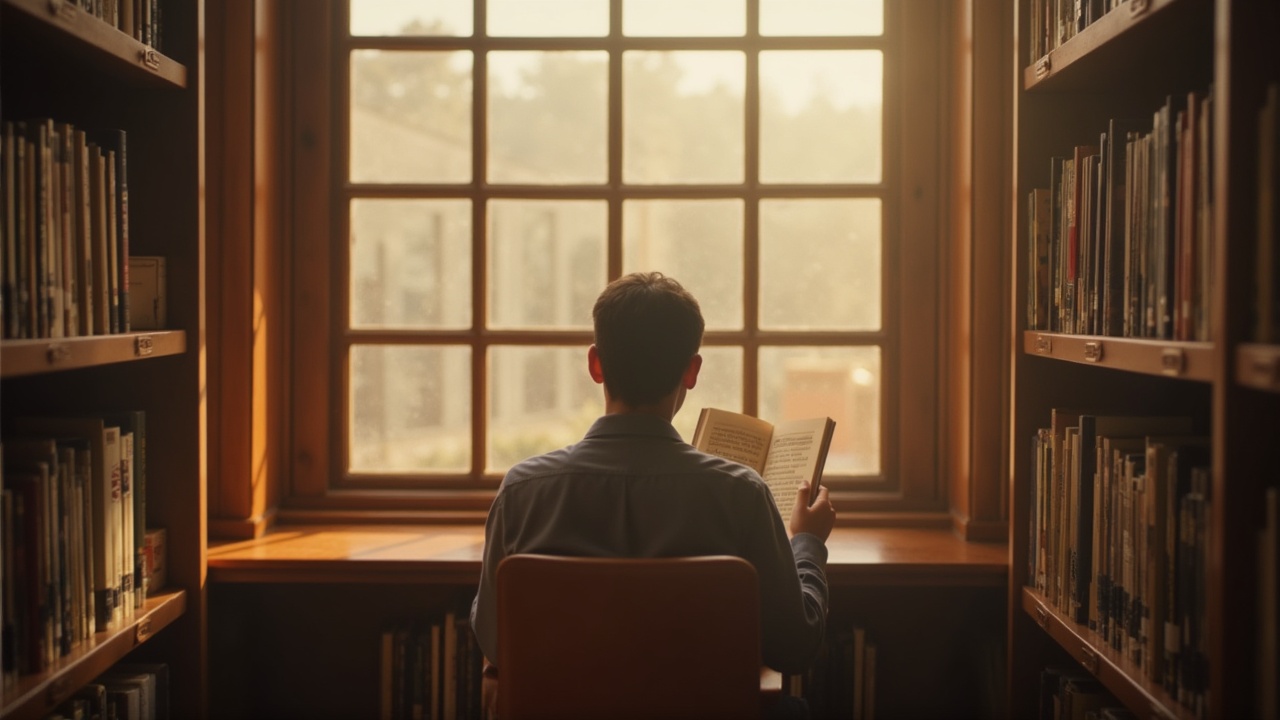 a person sitting by a large window in a library, reading a book, viewed from behind, warm ambient lighting, soft dust in the air, calm atmosphere, no facial features
