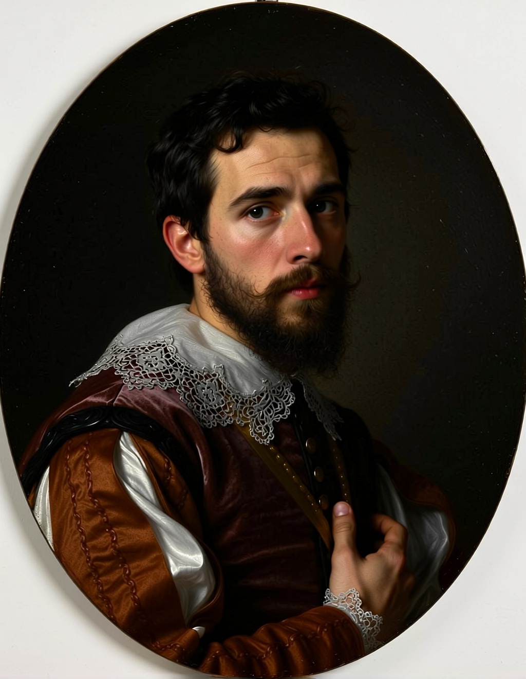 A Baroque-style oil painting portrait of a nobleman with a thoughtful expression. In the style of Caravaggio. Dramatic chiaroscuro, with a single light source illuminating him against a pitch-black background (Tenebrism). Rich texture in his velvet robes and intricate lace collar. Deep, rich colors, masterful brushstrokes, profound and theatrical.