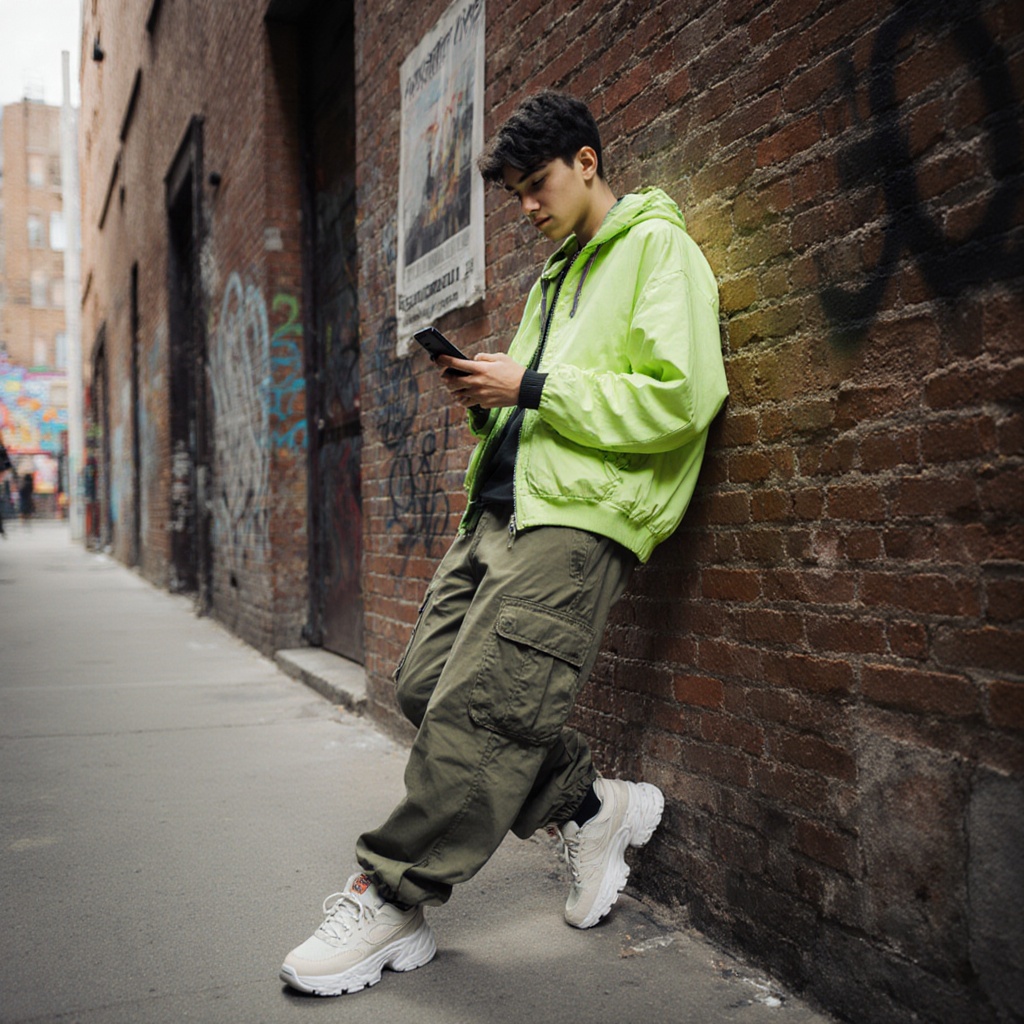 A fashion-forward teen leaning against a brick wall in a back alley, scrolling on their phone. They wear a neon green windbreaker, oversized cargo pants, and chunky sneakers. Graffiti and old posters decorate the background.