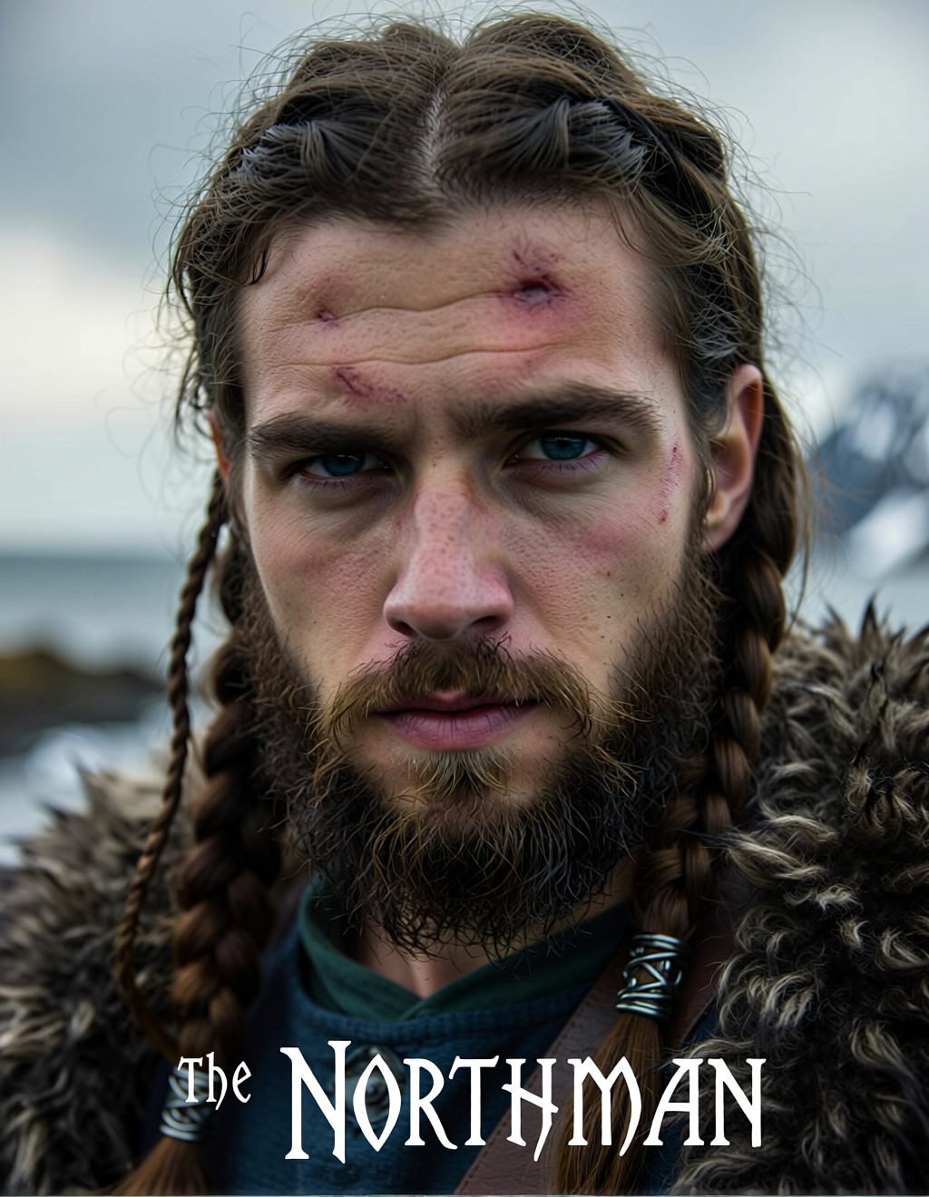 Gritty, realistic portrait of a Viking warrior chief after a battle. Battle-worn face, scars, braided beard with metal rings. Fur-lined cloak, staring intensely forward. Cold, overcast lighting, snowy fjord background. Cinematic, style of "The Northman".