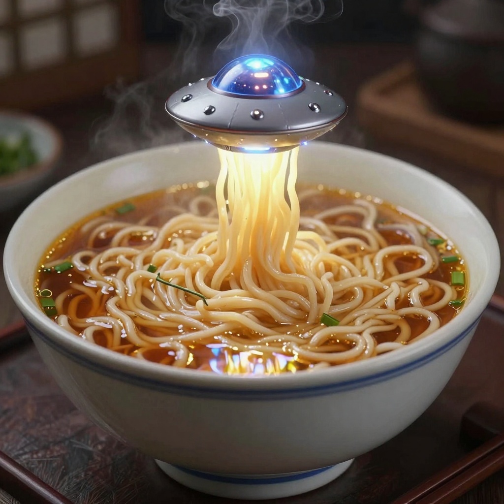A hyper-realistic close-up of a giant ramen bowl with a tiny glowing UFO slowly descending onto the noodles, steam rising, rich broth reflections, surreal but delicious-looking detail