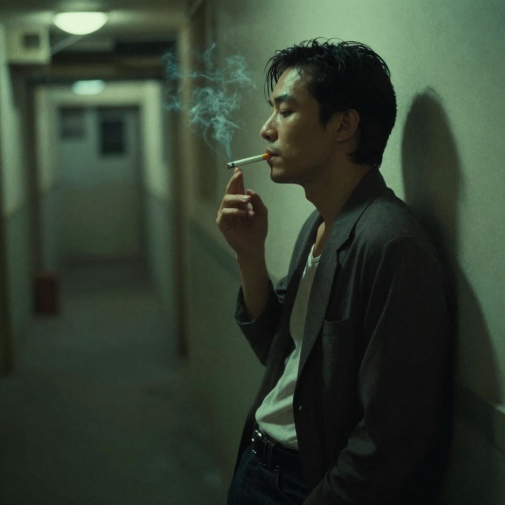 Wong Kar-wai film style, a lonely man smoking a cigarette in a narrow Hong Kong hallway, 1990s. Greenish fluorescent lighting, heavy shadows, moody atmosphere. Slight motion blur to create a dreamlike quality. Film grain, vignetting, emotional, cinematic composition, dutch angle shot. - 图片 1
