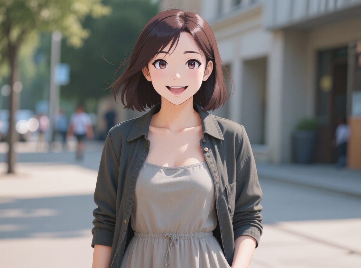 Real life Anime，Turn the girl into an anime character, with a real-life scene as the background.