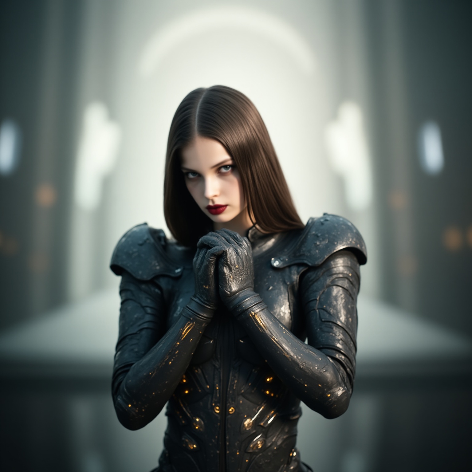 A perfect detailed photo of a woman in high-tech battle armor, covering her face with her hands, shallow depth of field, cinematic lighting, glowing neon accents on armor, highly detailed, high budget, bokeh, cinemascope, moody, epic, gorgeous, intricate design, futuristic, film grain, grainy
