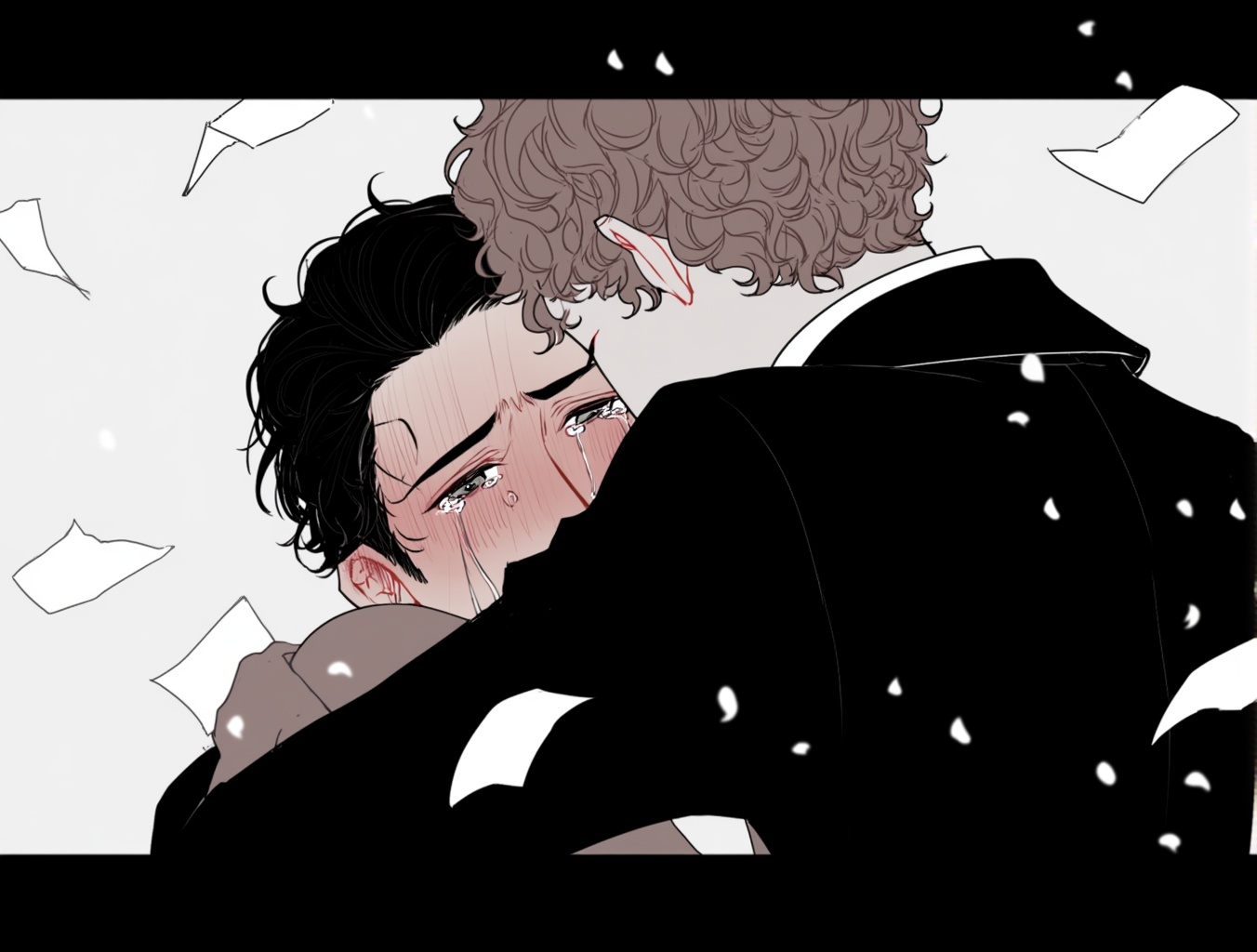 Emotional anime-style illustration of two men embracing tightly in a moment of deep vulnerability and comfort. Close-up composition with a shallow depth of field, framed in cinematic widescreen format. The man facing the viewer has dark, slightly wavy hair and teary eyes filled with relief and sorrow, his expression trembling and flushed. He clutches the other man firmly, burying his face in the crook of his shoulder. The other man has curly light brown hair, only partially visible from behind. Both wear dark formal coats, suggesting a serious or solemn context. Floating white paper-like particles fall gently around them, adding to the poignant and atmospheric mood. Lighting is soft and desaturated, emphasizing the emotional intensity and intimacy of the scene. The illustration conveys themes of reunion, forgiveness, or unspoken grief, rendered in delicate digital linework with muted tones and cinematic storytelling sensibility.