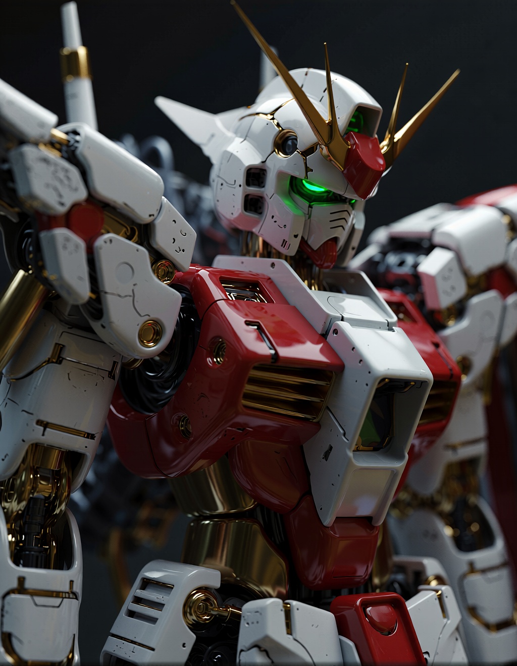Adopting mechanical realism style, Gundam mecha, white primary color movie texture, red secondary color mecha body, mechanical armor structure, ultra-realistic metal material, metallic luster, showing its real and complex internal structure, cyberpunk style, future technology, mechanical armor, real movie texture, side light enhanced three-dimensional texture, 3D rendering ultra-high-definition 8K, 32k resolution parameters, sharp depth of field, movie-level noise processing,