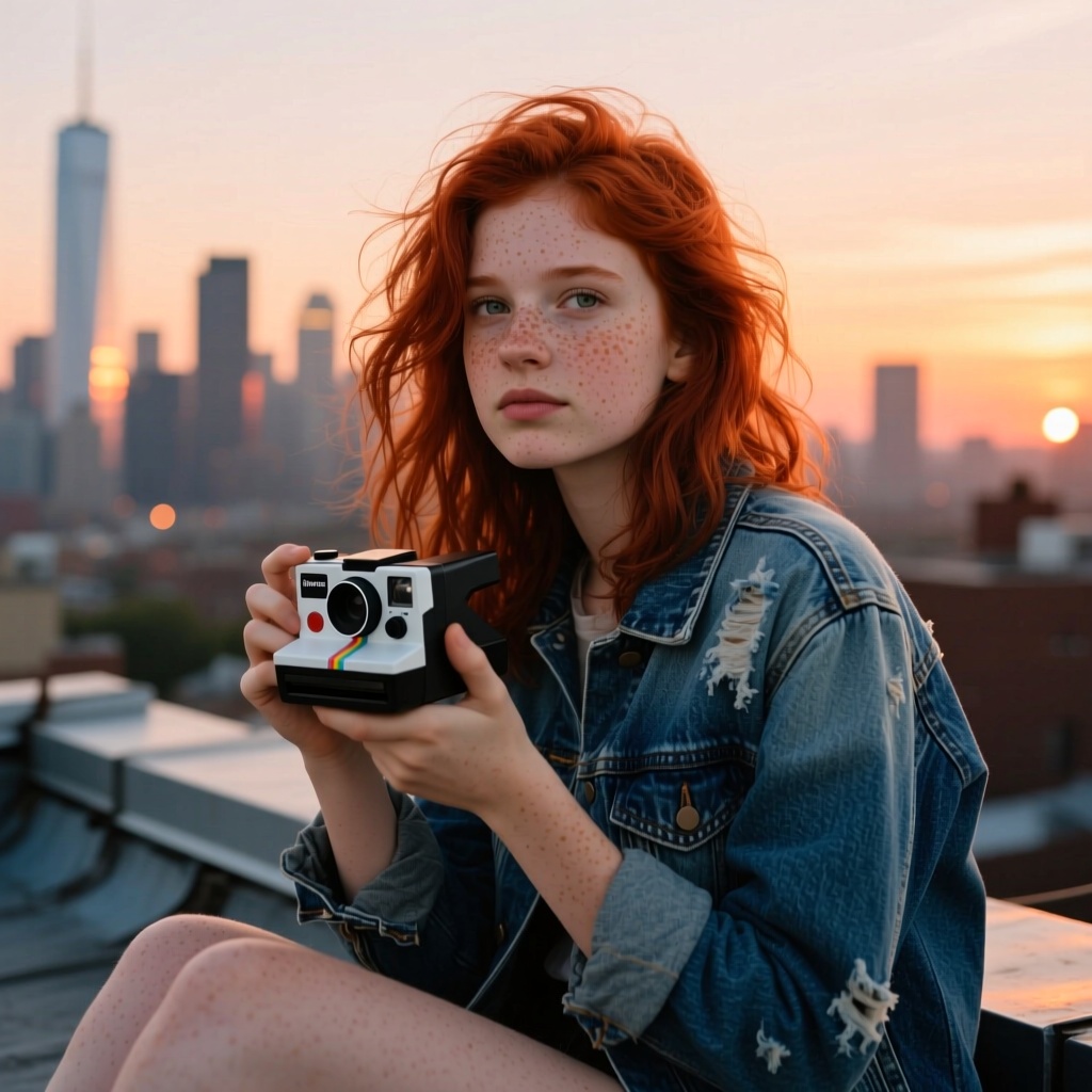 A girl with little freckles and messy red hair sitting on a rooftop during sunset, denim jacket slightly worn, holding a Polaroid camera, city skyline glowing in soft hues behind her
