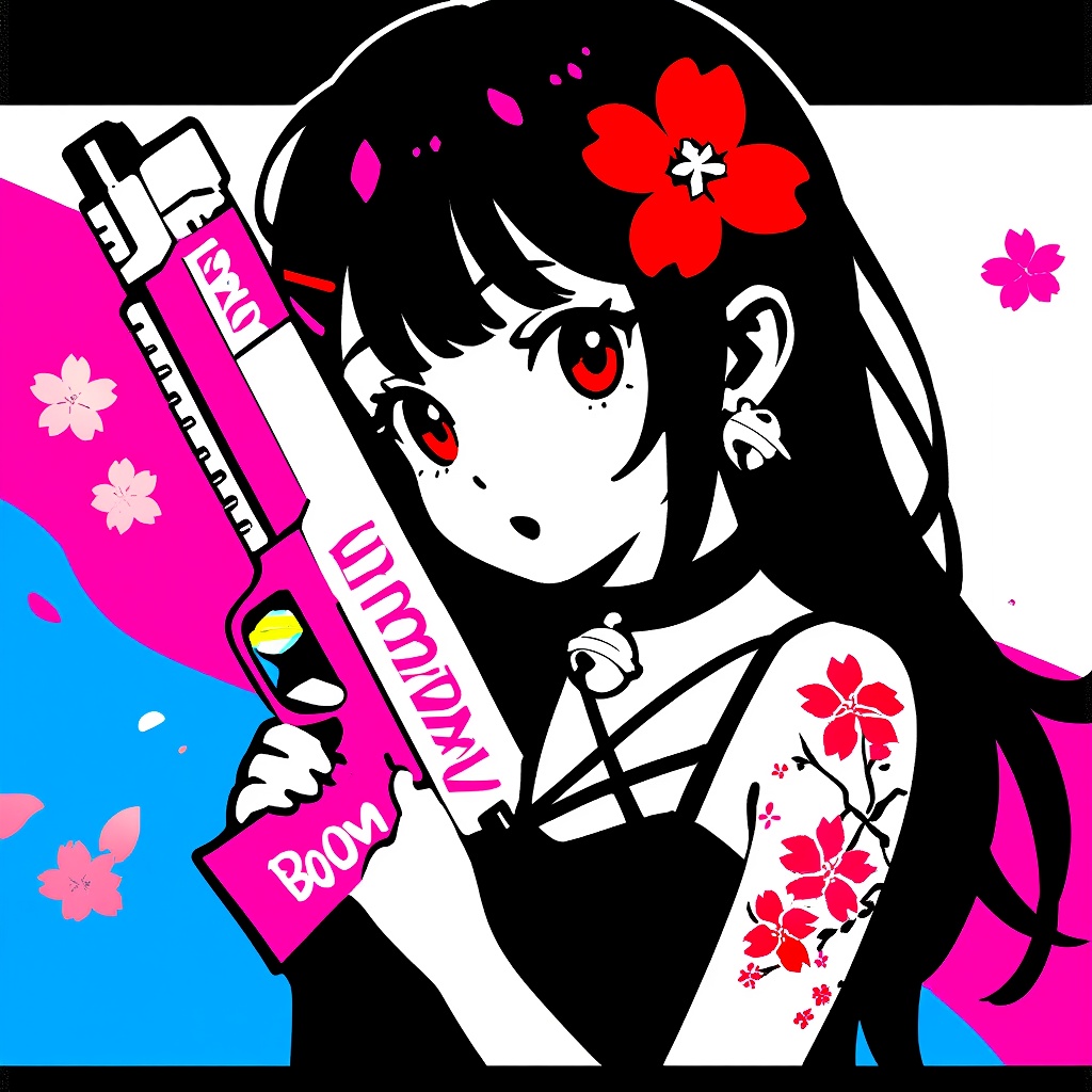 1girl, solo, long hair, black hair, red eyes, geometric pattern, toy gun, pink gun, white gun, "BOOM" text, cherry blossoms, black outfit, strappy outfit, choker, bell, tattoo, cherry blossom tattoo, shoulder tattoo, multicolored background, pink background, blue background, white background, black background, pop art, graffiti, halftone, surprised expression, innocent expression, neon colors, modern anime style, street art, red flower, hair ornament, punk aesthetic, urban fantasy