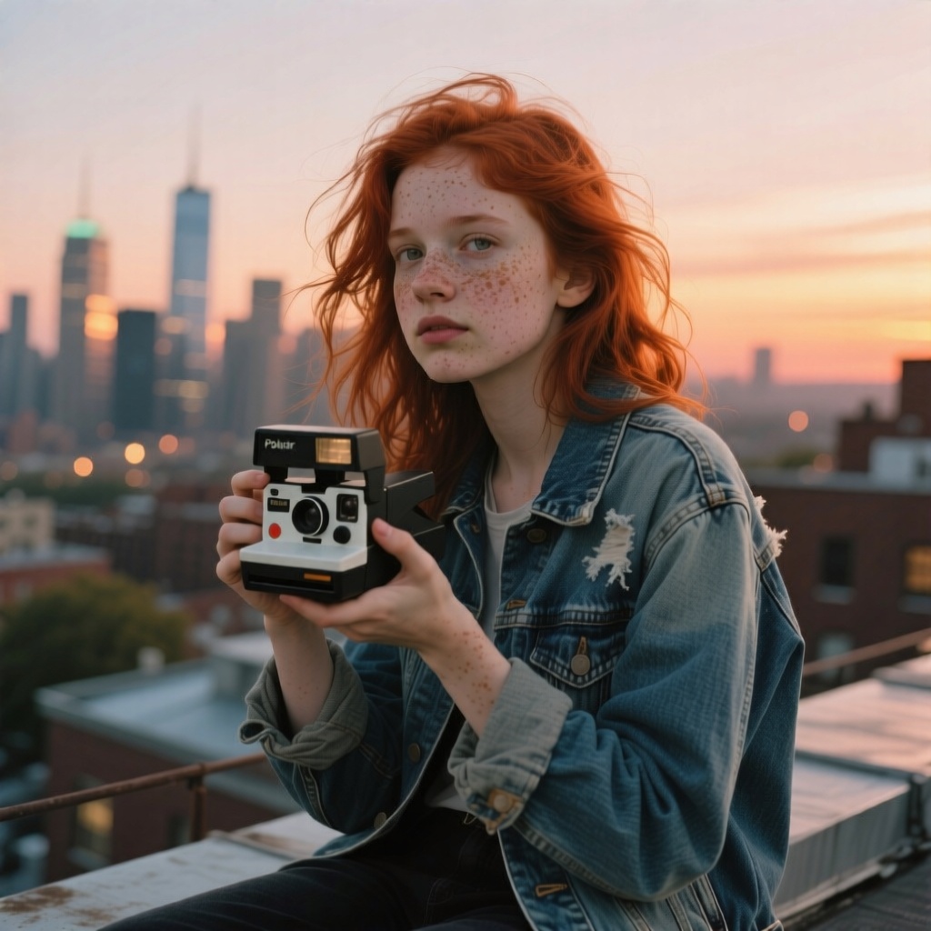 A girl with little freckles and messy red hair sitting on a rooftop during sunset, denim jacket slightly worn, holding a Polaroid camera, city skyline glowing in soft hues behind her
