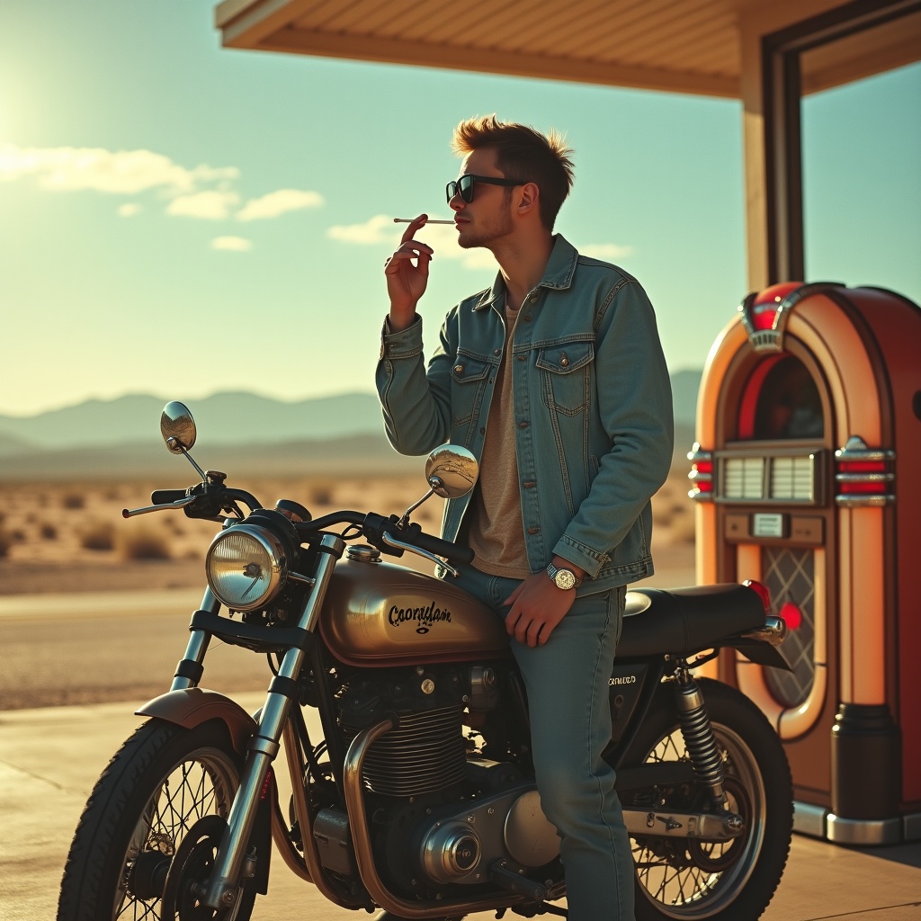 A young man in a denim jacket and aviator shades leans on a vintage motorcycle at a desert gas station under a blazing sun. Heat waves ripple across the horizon, and an old jukebox plays classic rock through the open window of the diner. He lights a cigarette, looks into the distance—the camera captures the grit, texture, and restless spirit of retro Americana.