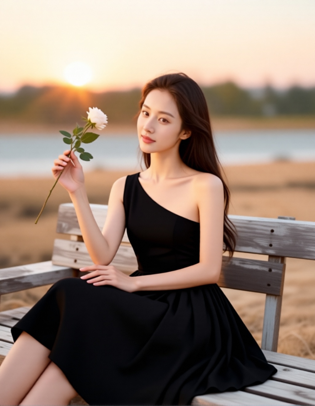 The girl in Figure 1 sits in the pose of Figure 3 wearing the black dress from Figure 2.