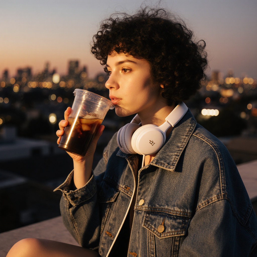 A young woman sitting on a rooftop at golden hour, wearing an oversized denim jacket, white headphones around her neck, sipping iced coffee from a clear plastic cup. Her short curly hair blows slightly in the wind as city lights begin to glow in the distance.