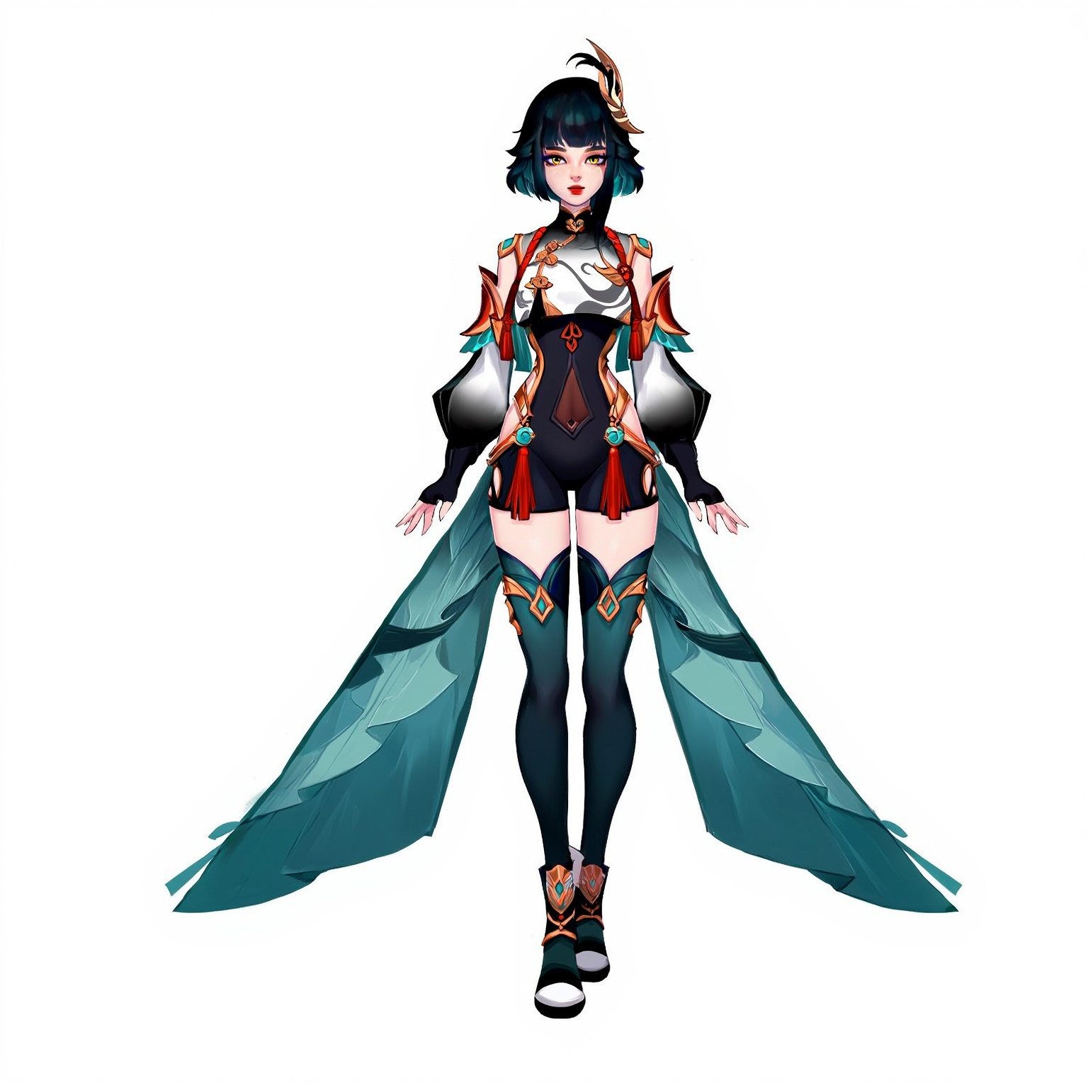 1girl, solo, full body, standing,
A beautifully designed anime character standing in a confident pose
with detailed costume design and expressive features. Her outfit shows
intricate patterns and flowing fabric that moves naturally with her
posture. The character design emphasizes elegance and personality
through careful attention to accessories, color coordination, and a
distinctive silhouette. clean background, character design,
full body illustration, best quality