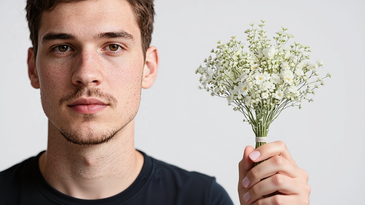 The man is holding a flower.