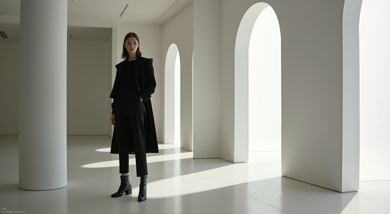 A high-fashion editorial shot of a poised woman in avant-garde attire, standing confidently in a minimalist, architecturally designed interior. Clean lines, indirect lighting, and bold shadows create a striking contrast, emphasizing elegance and geometry.