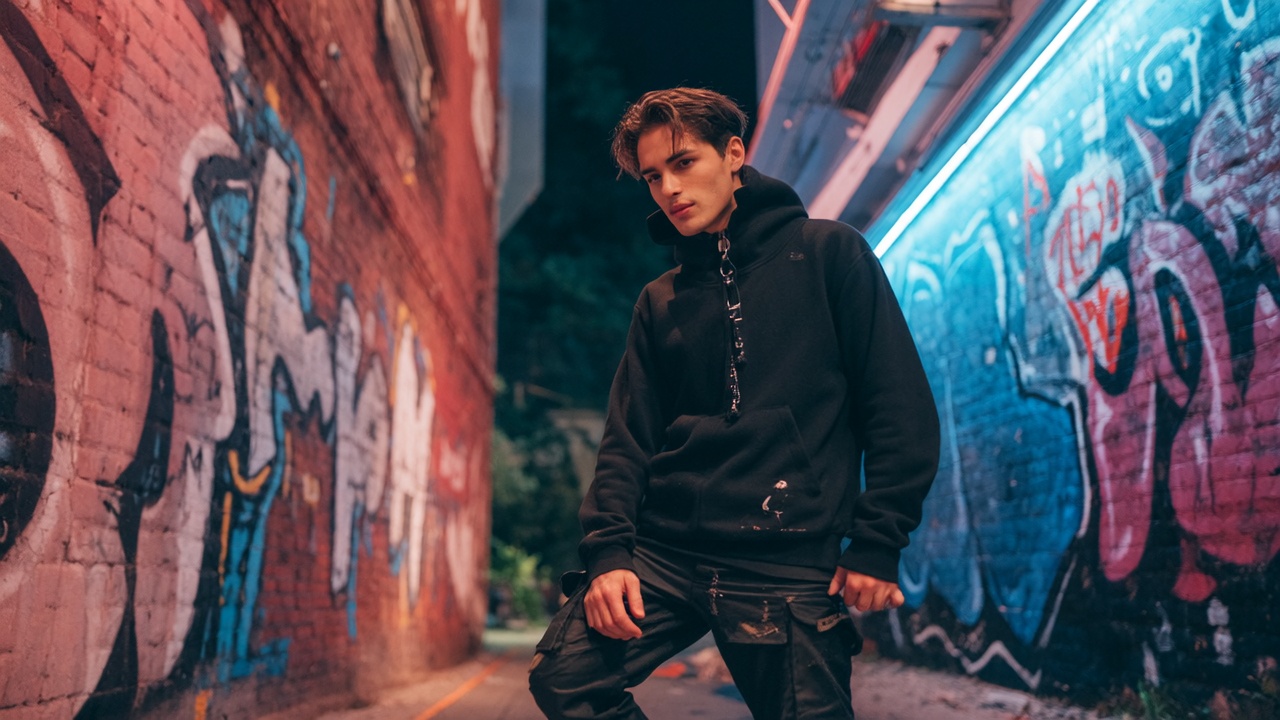 (masterpiece, best quality, cinematic lighting, absurdres), 1boy, handsome young man, short black hair, serious expression, wearing a black hoodie and cargo pants, leaning against a graffiti wall on a city street at night, neon lights, rim light, detailed clothing texture, dynamic angle, full body shot
