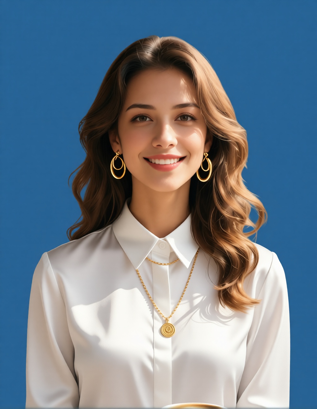 Change to a blue ID photo, with the person in the picture wearing a white-collar shirt with a silk texture.