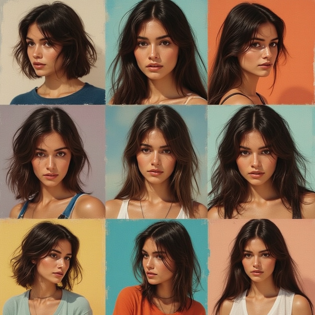 Crie uma grade 3×3 de retratos do sujeito, mostrando [diferentes expressões faciais, ângulos, roupas ou pequenas variações de estilo] em cada quadro. Cada retrato deve mostrar uma pose diferente e ser colocado em um cenário único, com detalhes ricos e coloridos que destaquem a diversidade da natureza.