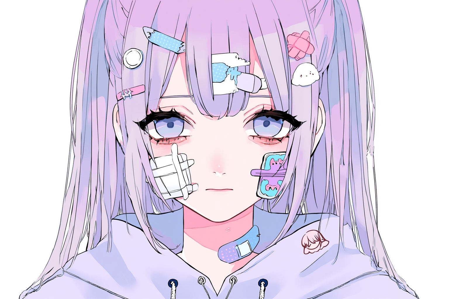 Bust portrait of a pastel-haired anime girl with sad eyes, bandages and small medical accessories on her face, wearing a loose hoodie with cute pins, yami kawaii fashion style, soft pastel colors, detailed line art, expressive and melancholic mood