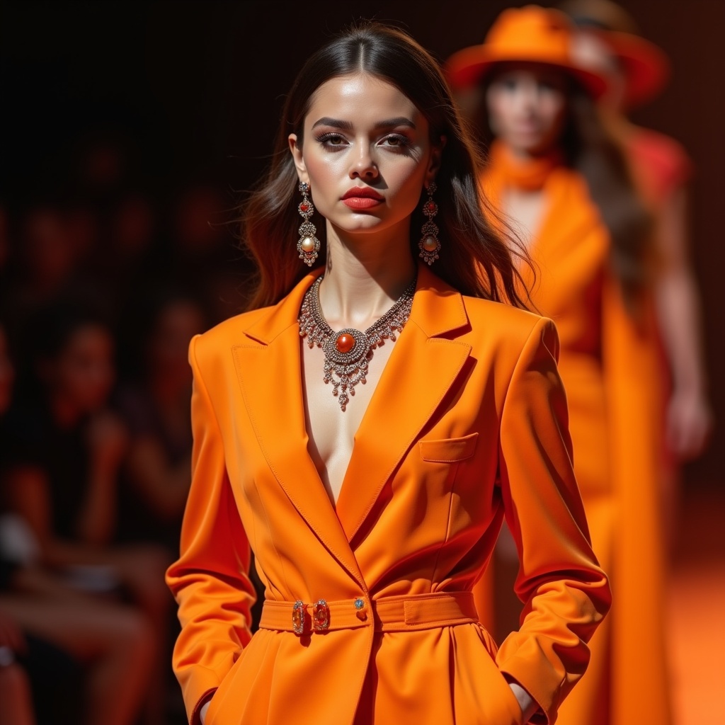 A stylish model, fashion show, showcase a designer outfit, orange colour suit, conspicuous jewelry, fashion show background, vibrant color, dramatic makeup
