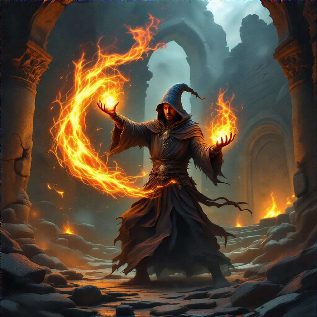 Sorcerer casting a fire spell in ancient ruins, fiery light illuminating face, swirling energy around hands, epic fantasy, dynamic composition