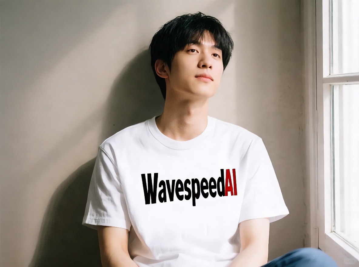 Add the text "WavespeedAI" to the man's clothing