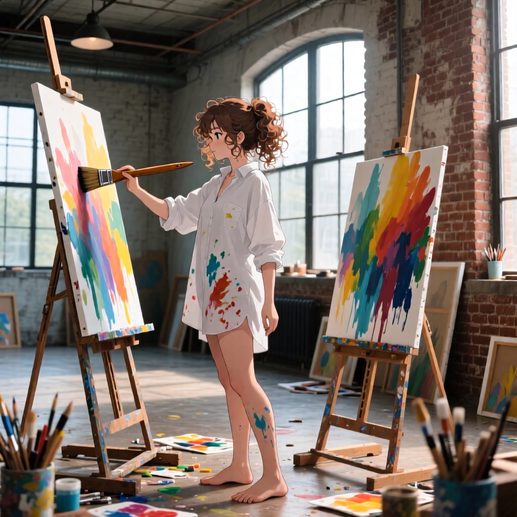 Real life Anime，a woman with curly hair tied loosely, wearing a paint-stained oversized white shirt, barefoot, standing in a spacious industrial loft with large windows and exposed brick walls. She’s holding a large brush, working on a colorful abstract canvas. Natural light pouring in, art supplies scattered around, expressive, richly detailed scene.