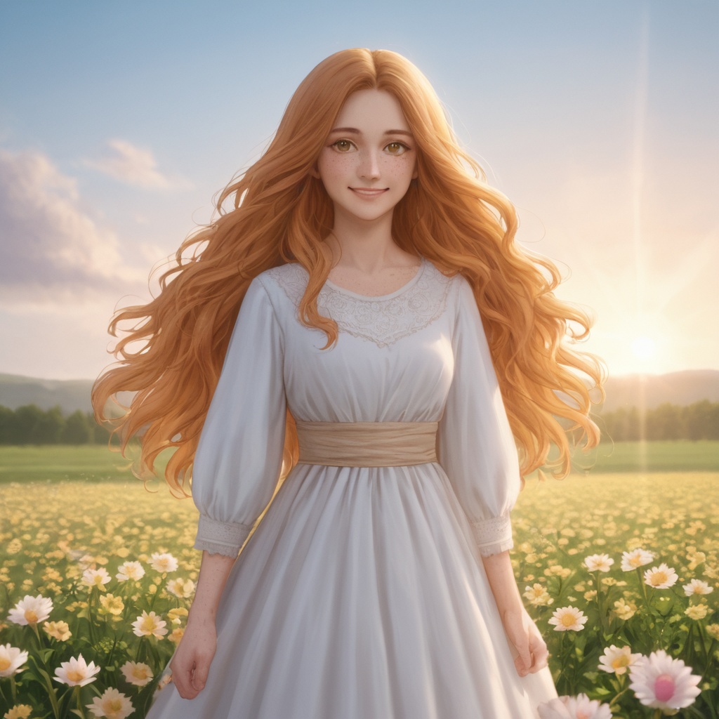 A young woman with natural freckles, long flowing hair, dressed in a soft pastel dress, standing in a blooming flower field during golden hour, dreamy sunlight, gentle smile, ethereal atmosphere.
